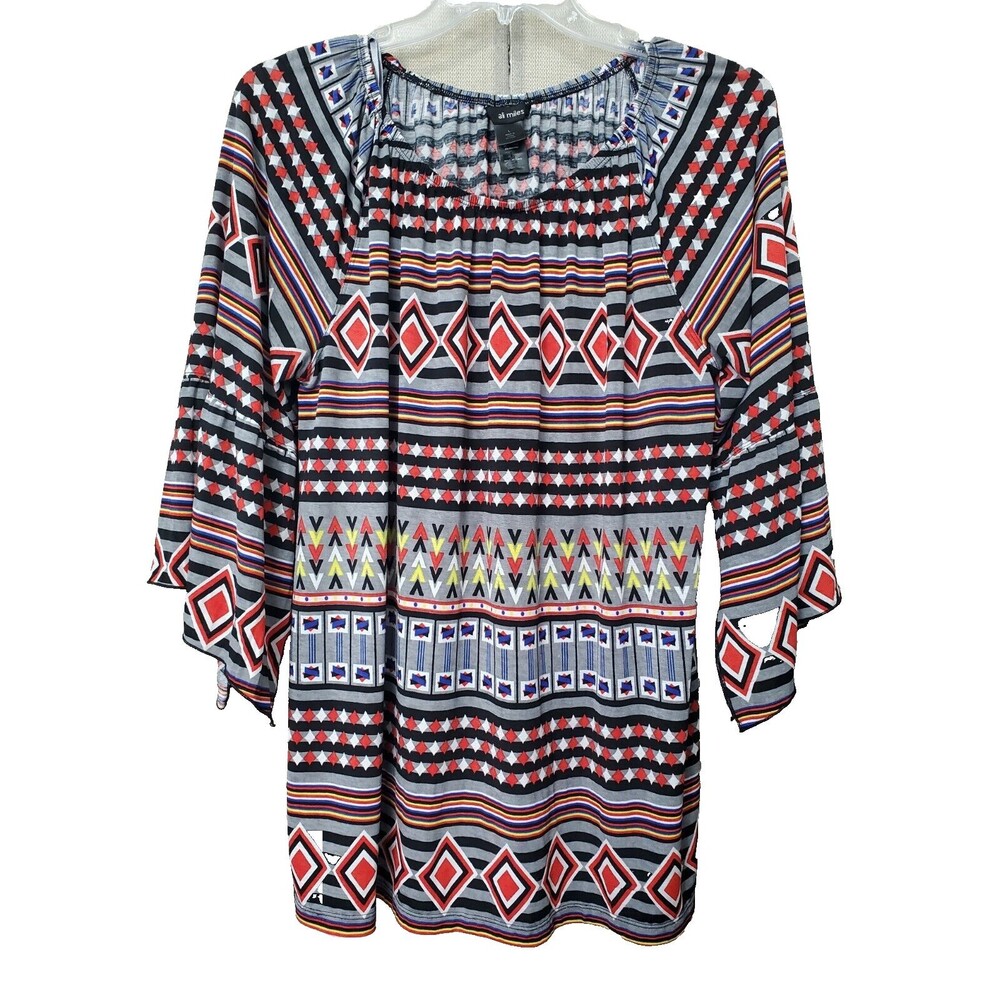 Ali Miles Geo Print Flared Kimono Sleeve Stretchy Tunic Size Large